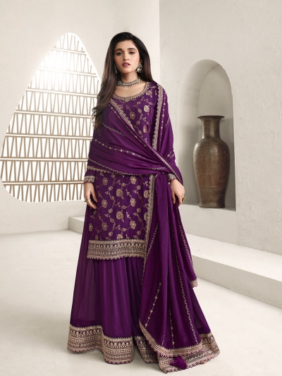 Jacquard chinon sharara suit in Purple colour 66214